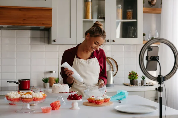 Confident Young Woman Whisking Cream While Making Cake Domestic Kitchen — Stock Photo, Image