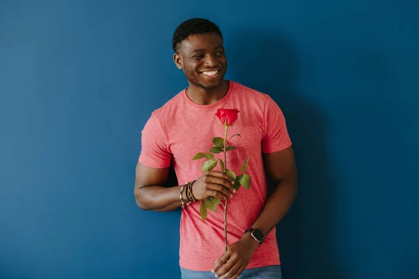 Чарівний Молодий Африканський Чоловік Повсякденному Одязі Тримає Одиночну Троянду Посміхається — стокове фото