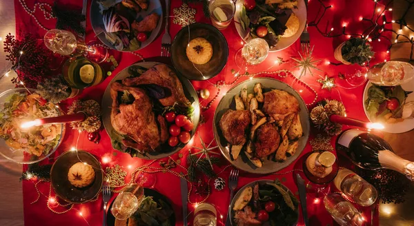 Top View People Shot Holiday Christmas Table Variety Food Cozy — Stock Photo, Image