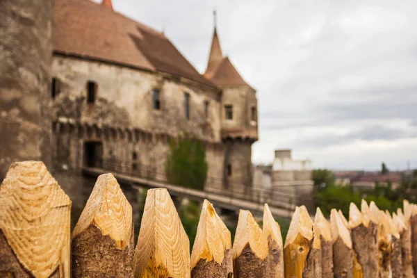 Aligned Spikes Part Wooden Fence Focus Castle Background Blur — Stock Photo, Image