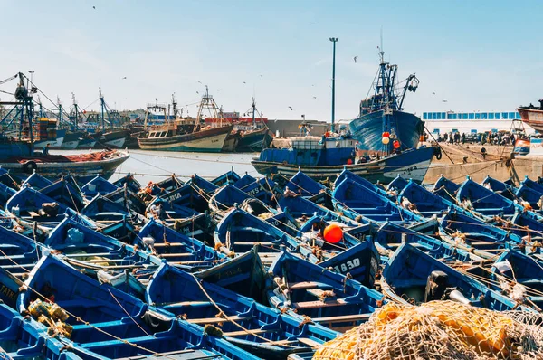 Essaouira Marocko Februari 2015 Massor Blå Fiskebåtar Hamnen Essaouira Marocko Royaltyfria Stockbilder