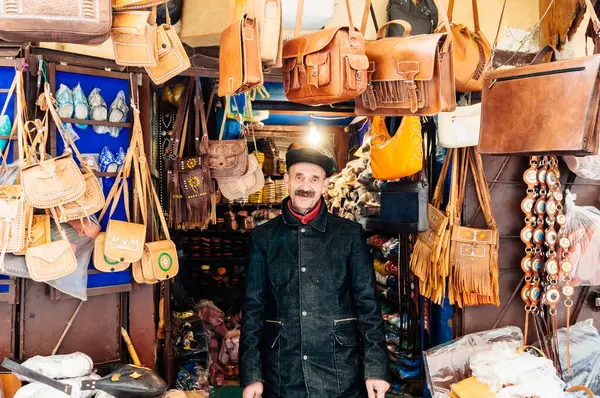 Fez Morocco February 2015 Smiling Senior Man Smiling Many Leather Stock Photo