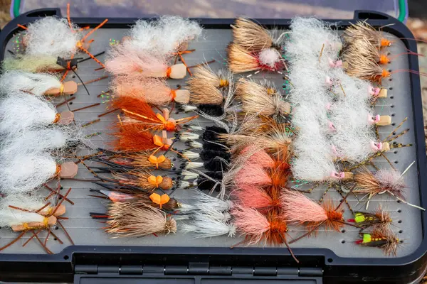 Fly Box Closeup Detail Some Flies Nymphs Ready Trout Fishing — Stock Photo, Image