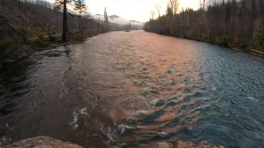 Sonbaharda doğan güzel McKenzie Nehri 'nin 4K görüntüsü. Su akıyor ve 2020 'de bu bölgede meydana gelen Holiday Farm Fire' ın yanık bölümünde balık tutmak için harika görünüyor..