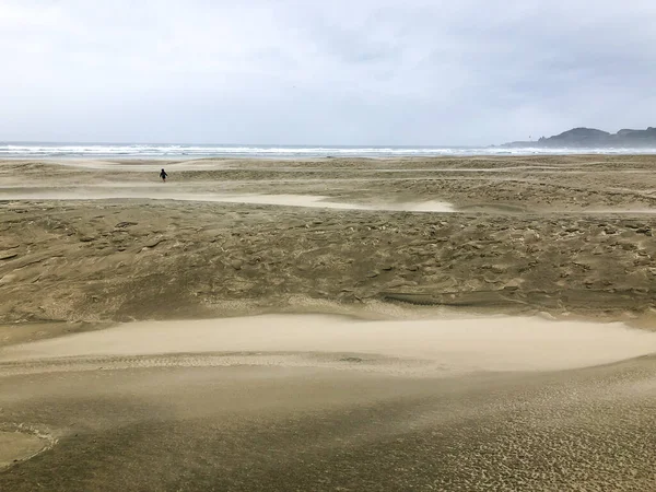在一场巨大的风暴中 俄勒冈州的海滩上刮起了大风 沙子四处飞扬 免版税图库照片
