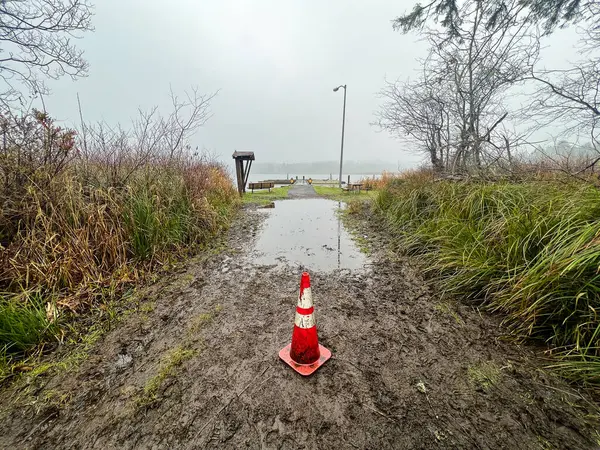 Powodzie Wysokie Wody Nad Jeziorem Oregon Doprowadziły Stożka Oznaczającego Zalaną Obraz Stockowy
