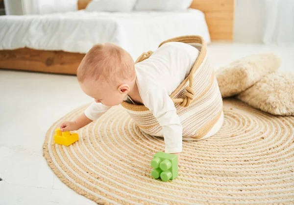 Cute Little Boy Infant Newborn Playing Colorful Toys Cubes Floor Лицензионные Стоковые Изображения