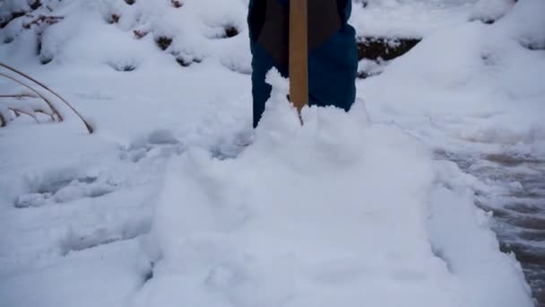 Giovane Donna Felice Pulisce Neve Nel Giardino Vicino Alla Casa — Video Stock