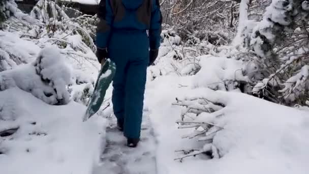 Glückliche Junge Frau Räumt Schnee Garten Neben Dem Haus Porträt — Stockvideo