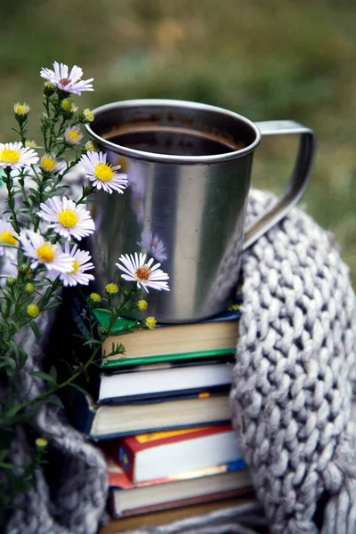 Arka Planda Kitap Battaniye Olan Bir Fincan Kahve Bir Kupa Stok Fotoğraf