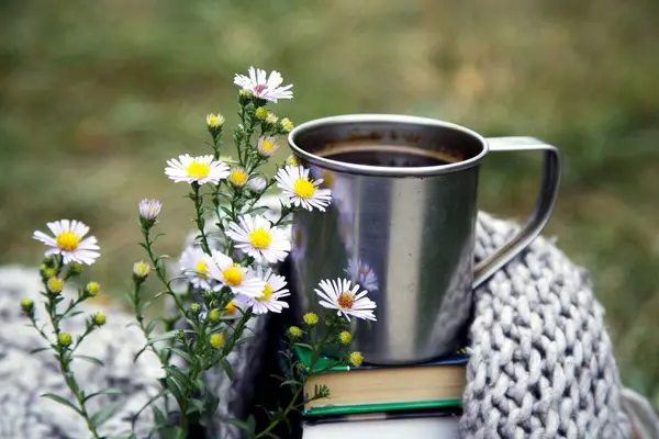 本と毛布の背景にコーヒーを一杯 コーヒー ブランケットのマグカップの構成 ロイヤリティフリーのストック画像