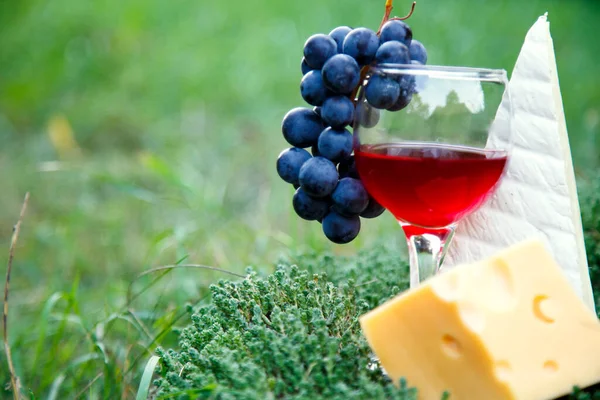 Glass Red Wine Glass Grapes Cheese Composition Red Wine Cheese — Stock Photo, Image