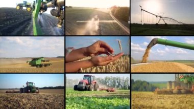 İçinde çeşitli tarımsal makinelerin, traktörlerin, fıskiyelerin ve kombinasyonların resimleri olan bir kolaj. Kombinasyonları, traktörleri ve fıskiyeleri olan bir video klipleri koleksiyonu kurun. Tarım, tarım kavramı 