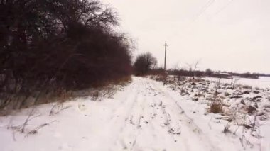 Bir araba penceresinden kışın karlı bir kır yolu manzarası. Kışın karlı bir kır yolunda araba sürmek. Orman, tarla kış yolu. 
