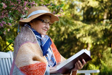Yaşlı bir kadın parkta bir bankta İncil okuyor. Pansiyondaki yaşlı bir kadın Tanrı 'nın sözlerini okuyor. Yaşlılık, inanç, din kavramı.