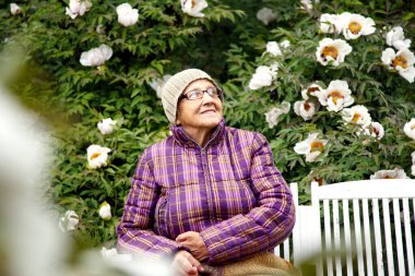 Parktaki bir bankta elinde şakayık çiçeğiyle yaşlı bir kadın. Pansiyonda kalan yaşlı bir kadın hayatın tadını çıkarır. Bakım, yaşlılık ve mutluluk kavramı.. 