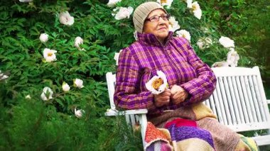 Parktaki bir bankta elinde şakayık çiçeğiyle yaşlı bir kadın. Pansiyonda kalan yaşlı bir kadın hayatın tadını çıkarır. Bakım, yaşlılık ve mutluluk kavramı..  