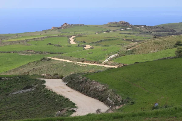 Paphos, Kıbrıs Rum Kesimi 'nden Akamas Yarımadası, deniz kıyılarının havadan görünüşü, vahşi plaj, sarı manzara, mavi lagün, popüler turizm merkezi.
