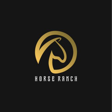 Logo dizaynı olarak at çiftliği. Siyah arka planda bir at çiftliğinin logo tasarımı olarak tasviri.