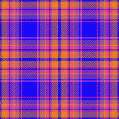 Kumaşı pürüzsüz kontrol et. Tekstil modeli vektörü. Ekose tartan arkaplan dokusu mor ve turuncu renklerde.