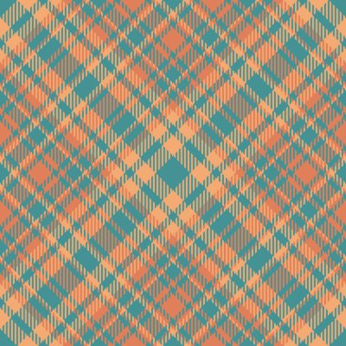 Tartan tekstil kontrolü. Ekose desenli arka plan. Turuncu ve turkuaz renklerde doku dokusu desen vektörü.