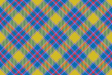 Özgeçmiş kontrolü. Tekstil kumaş vektörü. Kalıplı tartan ekoseli, sarı ve mor renklerde..