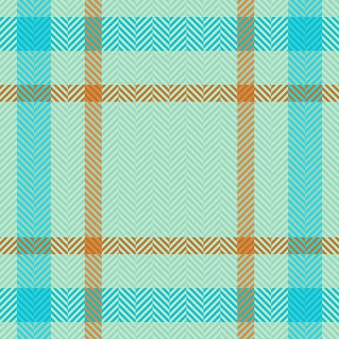 Tartan dokusu. Kumaş geçmişi kontrol et. Turkuaz ve turuncu renklerde desensiz ekoseli vektör.