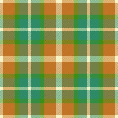 Doku vektör ekoseli. Tartan desenli tekstil. Arkaplan kumaşı turuncu ve yeşil renklerde kusursuz kontrol.