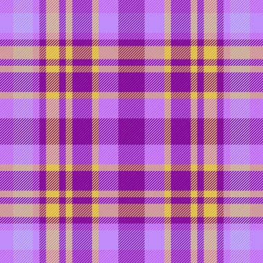 Geçmişi temiz tekstil ürünleri. Vektör tartan kumaş. Ekose desen deseni menekşe ve sarı renklerde.