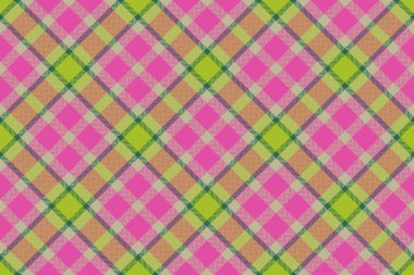 Ekose arkaplan kumaşı. Tekstil kontrolü kalıbı. Yeşil ve pembe renklerde kusursuz kumaş vektör dokusu.