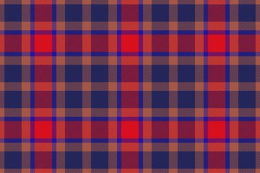 Vektör dokusu tekstil. Kalıp kumaşı pürüzsüz. Ekose ekoseyi mavi ve kırmızı renklerle kontrol et.