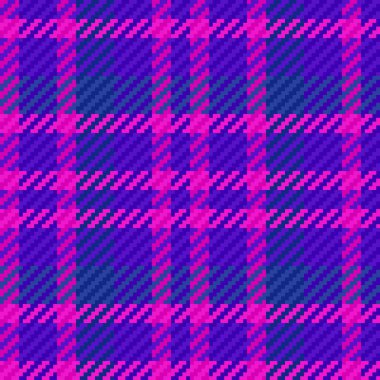 Tekstil kumaşı. Vektör dokusu kontrolü. Mavi ve mor renklerde kumaşsız ekoseli arkaplan.