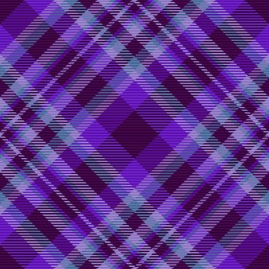 Kusursuz doku vektörü. Tekstil kumaşı. Ekose arkaplan modelini mavi ve mor renklerle kontrol et.