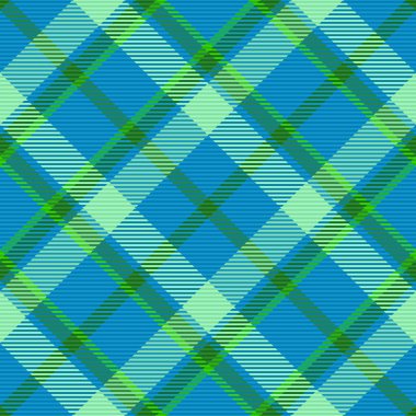 Plaid tartan fabric. Check seamless background. Textile vector texture pattern in green and blue colors.