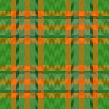 Seamless check textile. Tartan texture pattern. Vector background plaid fabric in green and orange colors.