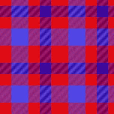 Kalıplı ekose kumaş. Vektör kumaş dokusu. Tartan arkaplanını mavi ve mor renklerde pürüzsüz olarak kontrol et.