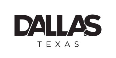 Dallas, Teksas, ABD tipografi sloganı. Baskı ve web ürünleri için grafik şehir harfleriyle Amerika logosu.
