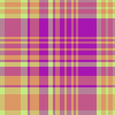 Tekstil kusursuz vektör. Ekose arka plan dokusu. Kumaş desen tartanı mor ve turuncu renklerde kontrol et.