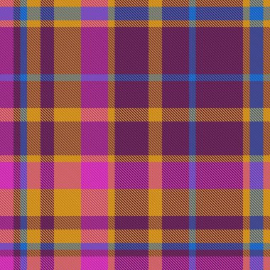 Doku tartan vektörü. Tekstil arka plan ekoseli. Mor ve mavi renklerde kusursuz kumaş kontrol deseni.