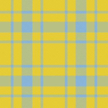 Kalıplı kumaş ekose. Kusursuz doku arka planı. Sarı ve mavi renklerde vektör tekstil denetimi.