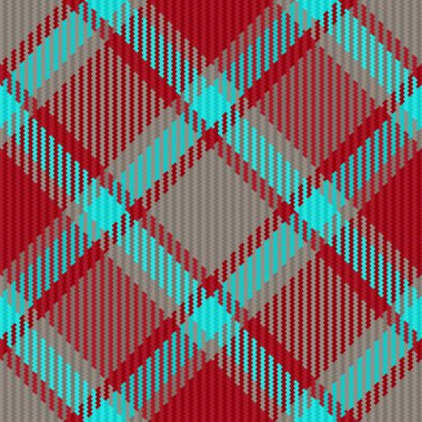 Kusursuz arkaplan kumaşı. Kumaş örneği kontrolü. Cyan ve kırmızı renklerde tekstil dokusu vektörü ekoseli.