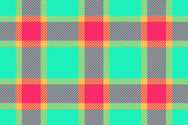 Kumaş geçmişini kontrol et. Kalıpsız ekose kumaş. Turkuaz ve kırmızı renklerde vektör tekstil desenli tartan.