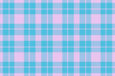 Vektör dokusu kontrolü. Tekstil ekose kumaş. Kalıplı kumaş arkaplanı ışık ve cyan renkleriyle.