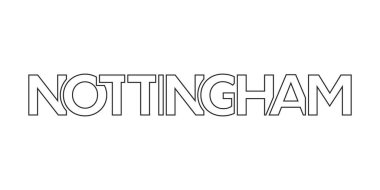 Birleşik Krallık 'ın Nottingham şehrinde eşsiz bir şehir ve tarihi eser karışımı bulunur. Tasarım, beyaz zemin üzerinde modern bir yazı tipi ile kalın bir tipografi ile geometrik stil vektör illüstrasyonuna sahiptir..