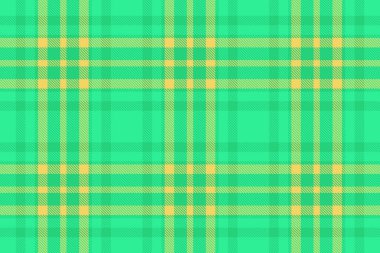Tekstil arka plan kumaşı. Doku kontrolü vektörü. Tertemiz turkuaz desenli ekose ve sarı renkli..