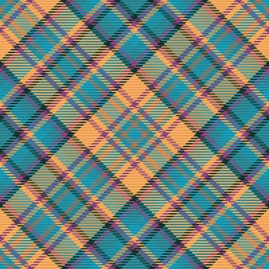 Doku kumaşı ekoseli. Tekstil vektörü kusursuz. Turuncu ve cyan renklerinde tartan kontrol şablonu.