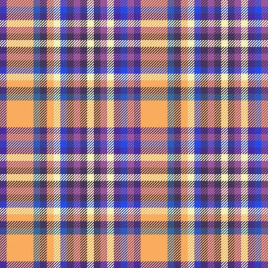Kumaş özgeçmiş kontrolü. Kalıp vektör ekoseli. Tekstil kumaşı mavi ve turuncu renklerde pürüzsüz..