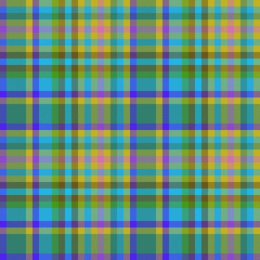 Kumaş desenli tartan ekoseli kumaş. Doku kontrolü ile sarı ve cyan renklerinde kusursuz vektör..