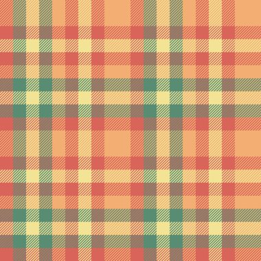 Doku denetim vektörünün tekstil dokusu. Kırmızı ve turuncu renklerde dikişsiz ekose tartan arkaplanı var..