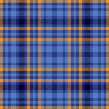 Mavi ve turuncu renklerde kusursuz bir arka plan vektörüyle kumaş dokusu ekoseli tartan tekstil deseni.